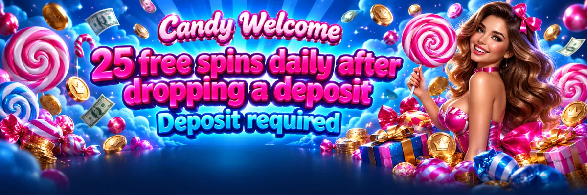 Glossy 3D cartoon woman presenting a giant blue lollipop, wrapped candies, coins, and floating banknotes against blue rays with pink accents.